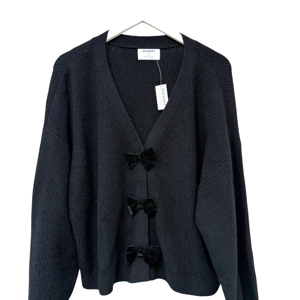 Old Navy Bow Cardigan Womens XXL Black Crop V Neck Crop Sweater NWT